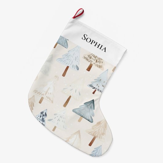 Grande Chaussette De Noël Crème Bleue Cosy Arbres de Noël (Devant (Accrochage))