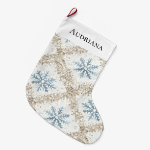 Grande Chaussette De Noël Crème bleue Snowflakes Noël
