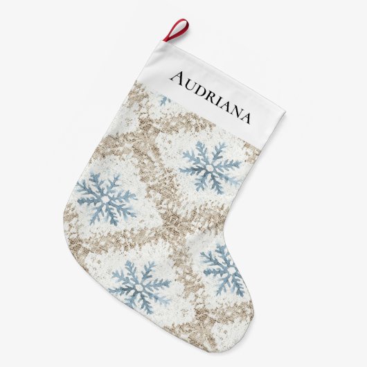 Grande Chaussette De Noël Crème bleue Snowflakes Noël (Devant (Accrochage))