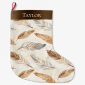 Grande Chaussette De Noël Crème Chic Blanc Plumes Brown Noël (Devant)