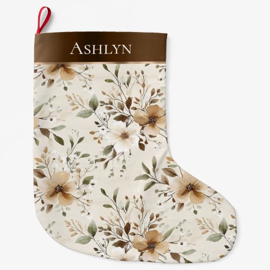 Grande Chaussette De Noël Crème chic Fleurs Brown blanches Noël (Devant)