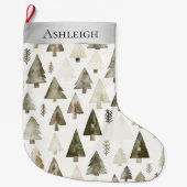 Grande Chaussette De Noël Crème d'argent arbres de Noël verts (Devant)