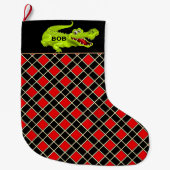 Grande Chaussette De Noël Crocodile sur Motif de diamants noir et rouge (Devant)