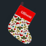 Grande Chaussette De Noël Croquis de Noël rouge coloré Typographie élégante<br><div class="desc">Des croquis de Noël colorés avec une bannière rouge personnalisée en plus de cette réserve de Noël.</div>