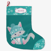 Grande Chaussette De Noël Cuisine Turquoise flocon de neige Kitten (Devant)