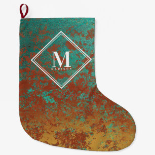 Grande Chaussette De Noël Cuivre Turquoise Texture métallique Monogramme ini