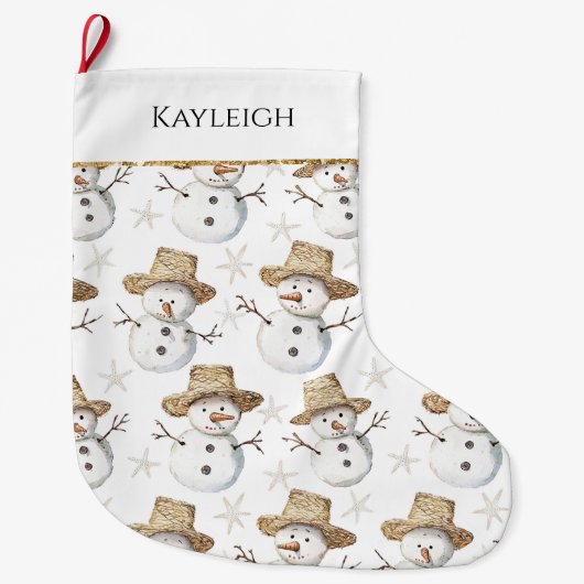 Grande Chaussette De Noël Cute Beach Snowman Noël Gold Parties scintillant (Devant)