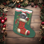 Grande Chaussette De Noël Cute Black Labrador Retriever Puppy Peeeking<br><div class="desc">Cette réserve de vacances a l'image d'un adorable chiot noir Labrador Retriever portant un chapeau de Père Noël et regardant d'un bas rouge orné. L'image est entourée de baies saintes, de baies rouges et de fleurs de poinsettia, et est placée sur un arrière - plan vert de Noël. Une arête...</div>