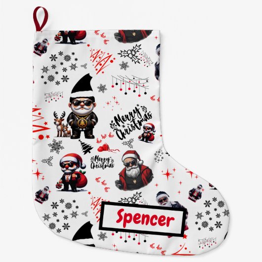 Grande Chaussette De Noël Cute Gangster Père Noël Joyeux Noël en blanc | (Devant)