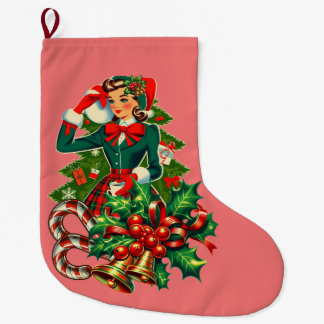 Grande Chaussette De Noël cute girl green dress holly candy canes Xmas art