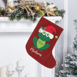 Grande Chaussette De Noël Cute Grenouille de Noël<br><div class="desc">Cette belle grenouille de Noël en bas comporte une jolie froggie verte portant un chapeau de Père Noël rouge. Ce bas de Noël pour enfants,  joliment personnalisé,  est décoré d'un arrière - plan de vacances vert. Personnalisez avec votre propre texte en bas pour un cadeau élégant.</div>