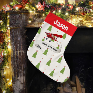 Grande Chaussette De Noël Cute Père Noël & Avion, Premier Noël, Personnalisé