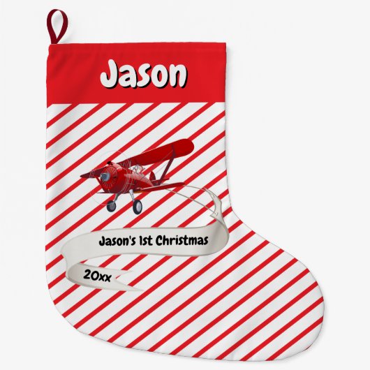 Grande Chaussette De Noël Cute Père Noël & Avion, Premier Noël, Personnalisé (Devant)