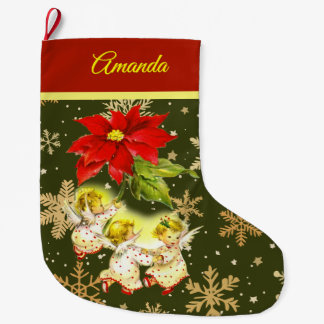 Grande Chaussette De Noël Danser Bébé Angels sur vert avec des flocons d'or