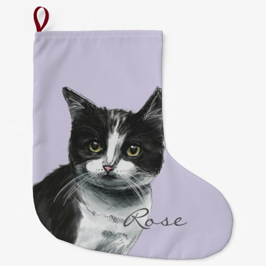 Grande Chaussette De Noël Dessin pelucheux noir et blanc de chat (Devant)