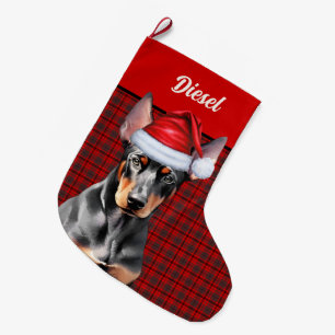 Grande Chaussette De Noël Doberman Pinscher Chien Plaid Personnalisé