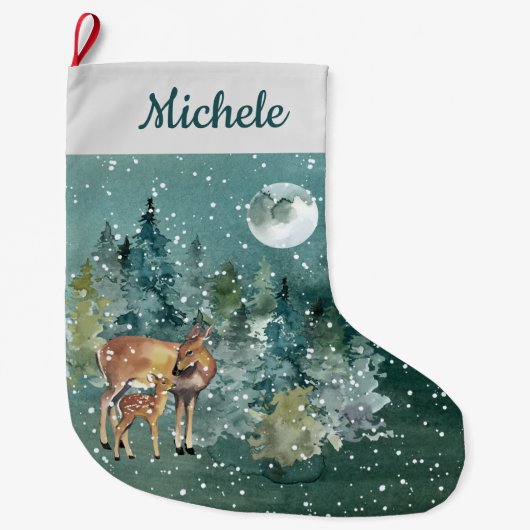 Grande Chaussette De Noël Doe Fawn Deer Forest Pleine lune Snowfall Aquarell (Devant)