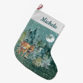 Grande Chaussette De Noël Doe Fawn Deer Forest Pleine lune Snowfall Aquarell (Devant (Accrochage))