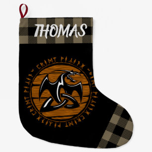 Grande Chaussette De Noël Dragon de viking personnalisé Knot Runes Tan Black