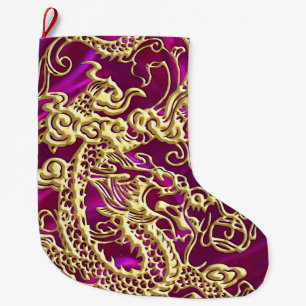 Grande Chaussette De Noël Dragon d'or embouti sur Magenta Satin Impression