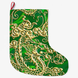 Grande Chaussette De Noël Dragon en or embouti sur impression en satin vert