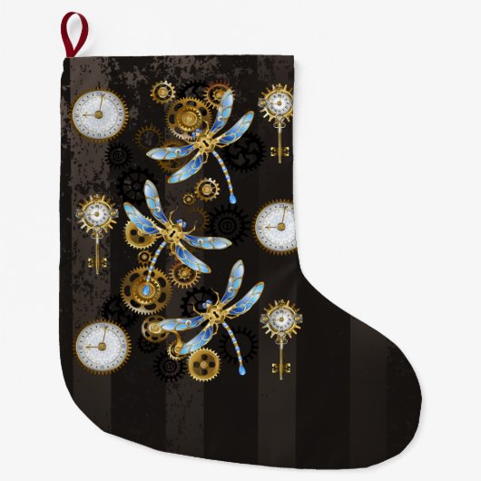 Grande Chaussette De Noël Dragonflies de Steampunk sur arrière - plan rayé b (Devant)
