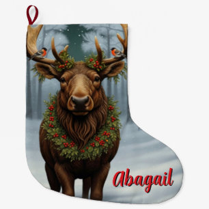 Grande Chaussette De Noël Élan de Noël rustique, forêt de bois hivernale 