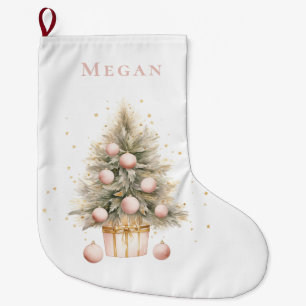Grande Chaussette De Noël Elégant Aquarelle rose doux Joyeux Arbre de Noël