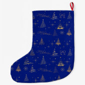 Grande Chaussette De Noël Elegant Blue W/ Gold Christmas Tree Doodles  (Dos)