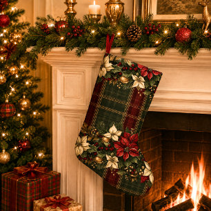 Grande Chaussette De Noël Élégant carreau de Bourgogne & Poinsettia