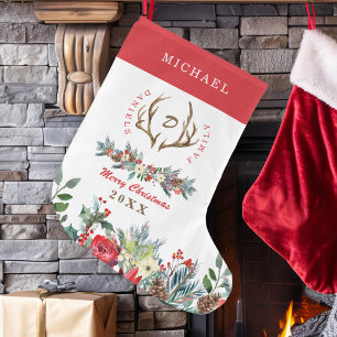 Grande Chaussette De Noël Élégant famille saisonnier rustique monogrammed