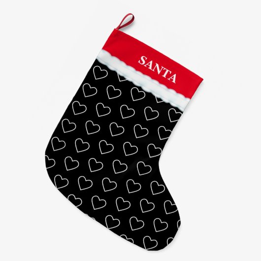 Grande Chaussette De Noël Élégant Motif cardiaque sur noir (Devant (Accrochage))