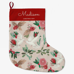 Grande Chaussette De Noël Élégant motif floral beige et rouge oiseaux colomb