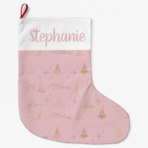 Grande Chaussette De Noël Élégant rose avec gribouillis de sapin de Noël en