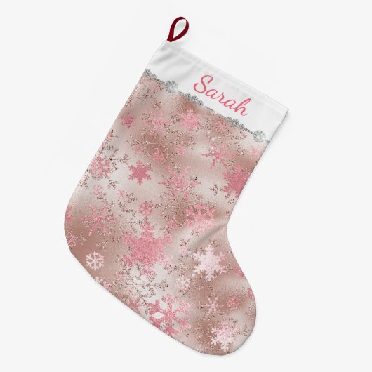 Grande Chaussette De Noël Élégant rose or Noël Snowflake Motif (Devant (Accrochage))