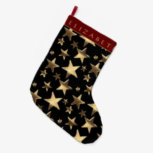Grande Chaussette De Noël Élégant rouge noir et or étoiles Motif avec nom