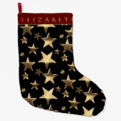 Grande Chaussette De Noël Élégant rouge noir et or étoiles Motif avec nom (Devant)