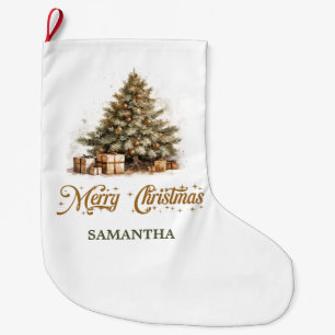 Grande Chaussette De Noël Elégant ton neutre terreux vert et or