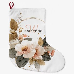 Grande Chaussette De Noël Élégante couronne de fleurs rose et or, Nom person