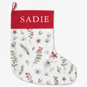 Grande Chaussette De Noël Élégante verdure hivernale Botanique Blanc (Devant)