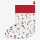 Grande Chaussette De Noël Élégante verdure hivernale Botanique Blanc (Dos)