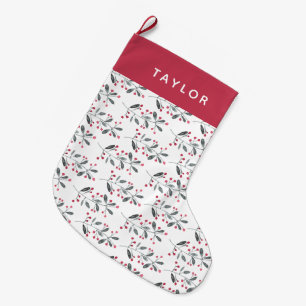 Grande Chaussette De Noël Élégantes Branches Holly de couleur rouge et verte