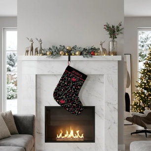 Grande Chaussette De Noël Élégantes feuilles vertes et or et baies de houx r