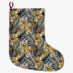Grande Chaussette De Noël Élégantes Fleurs Tropicales Luxueuses Or et Noir