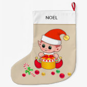 Grande Chaussette De Noël elfe de Noël avec des boules de Noël sur beige (Dos)