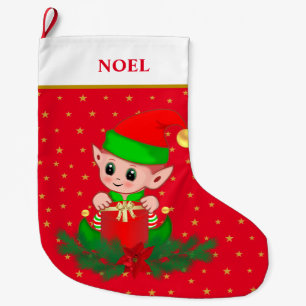 Grande Chaussette De Noël elfe de Noël, étoiles, poinsettia et pin sur rouge