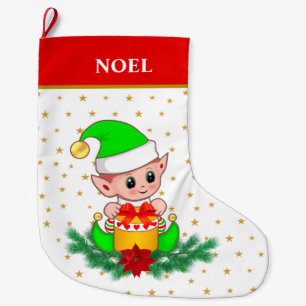 Grande Chaussette De Noël Elfe de Noël, étoiles, poinsettia & pin blanc