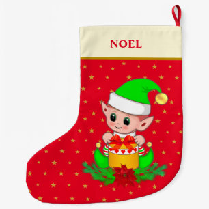 Grande Chaussette De Noël Elfe de Noël, étoiles, poinsettia & pin sur rouge
