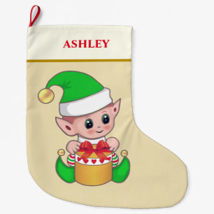 Grande Chaussette De Noël Elfe de Noël mignon moderne & boîte cadeau sur bei