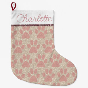 Grande Chaussette De Noël Empreintes de patte roses glamour sur paillettes d
